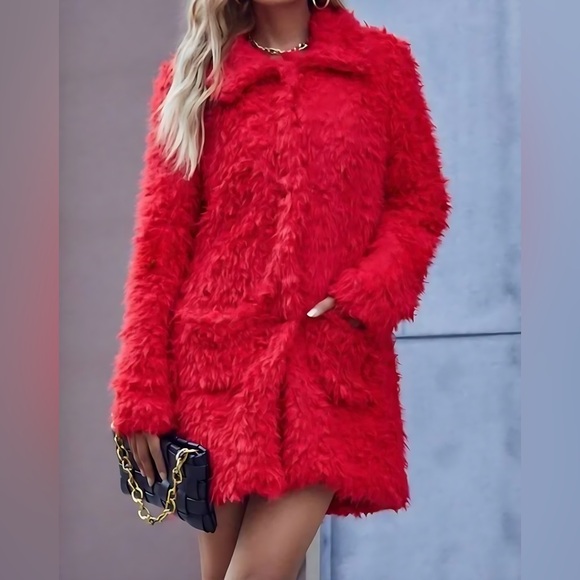 Red Fuzzy Coat With Pockets - Picture 7 of 11